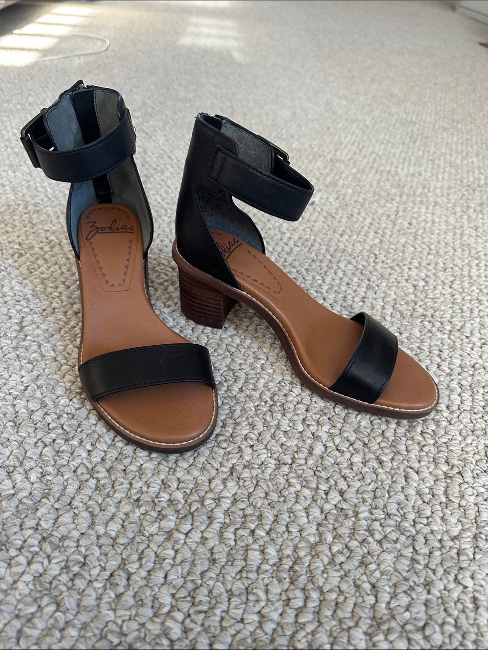 Zodiac Black Leather Ankle-Strap Block Heels with Tan Footbed